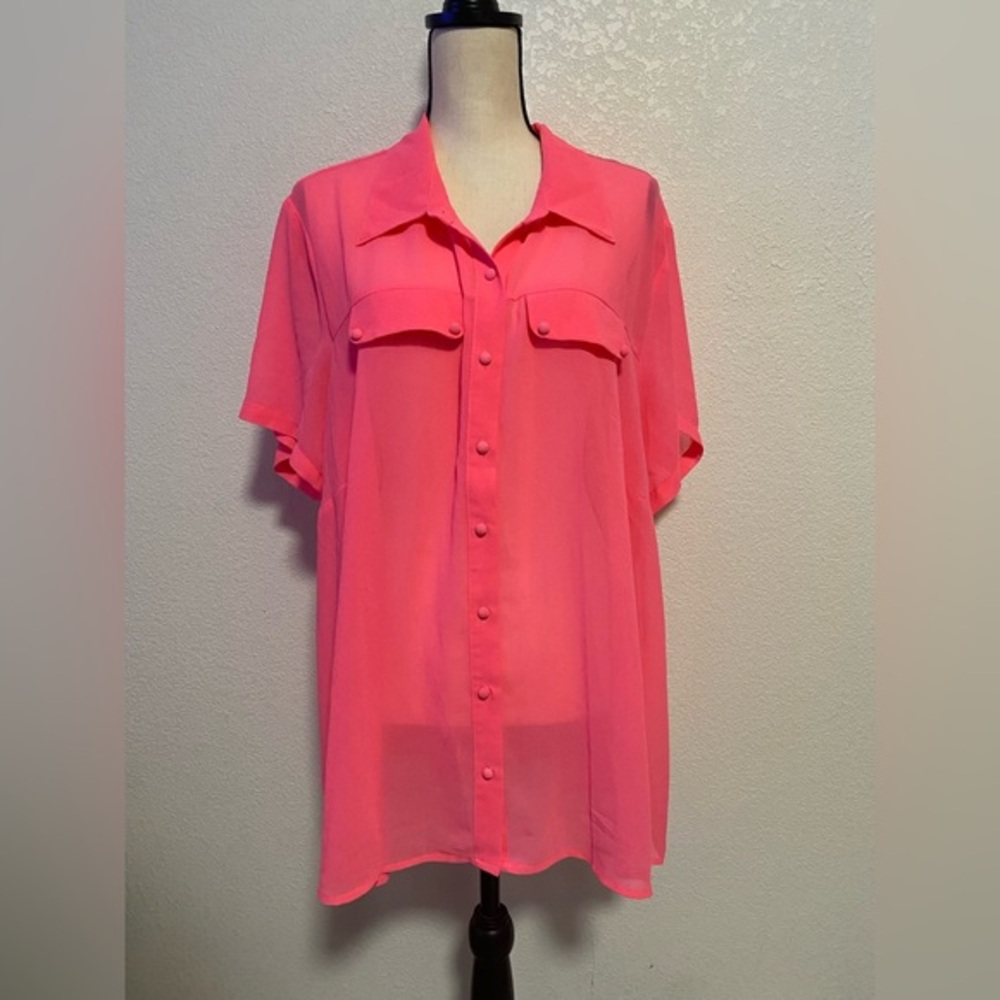 Forever 21+ Hot Pink Button Up Short Sleeve Collar Women Shirt